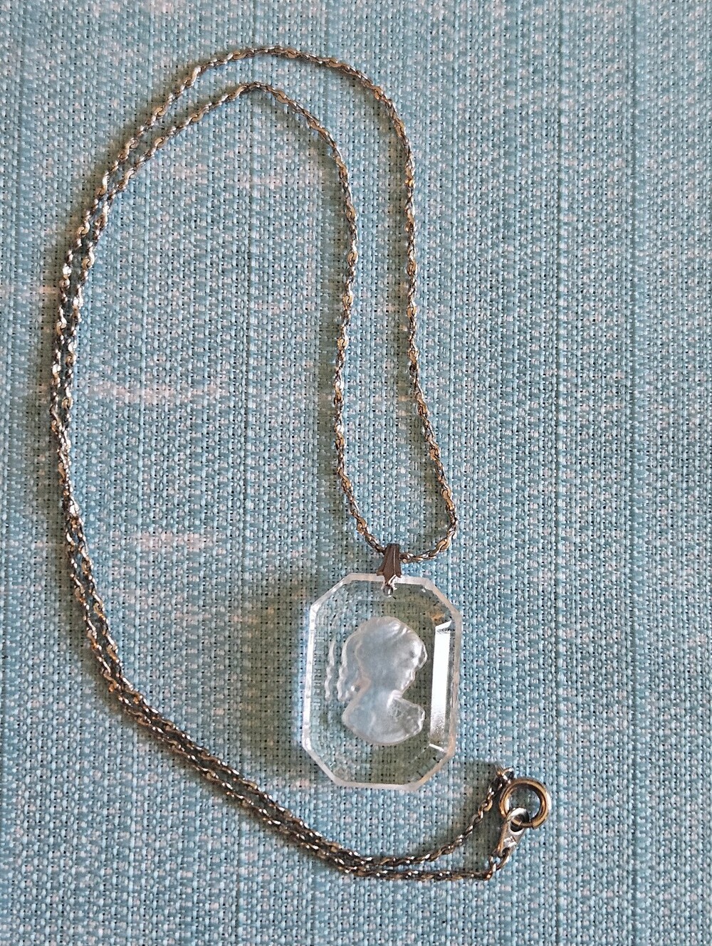 Midcentury Glass Intaglio Cameo Pendant on Silvertone Chain